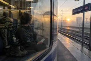 Solo traveler with backpack and hiking boots sitting inside an early morning train at Lille-Europe, golden dawn light and foggy window, contemplative atmosphere.